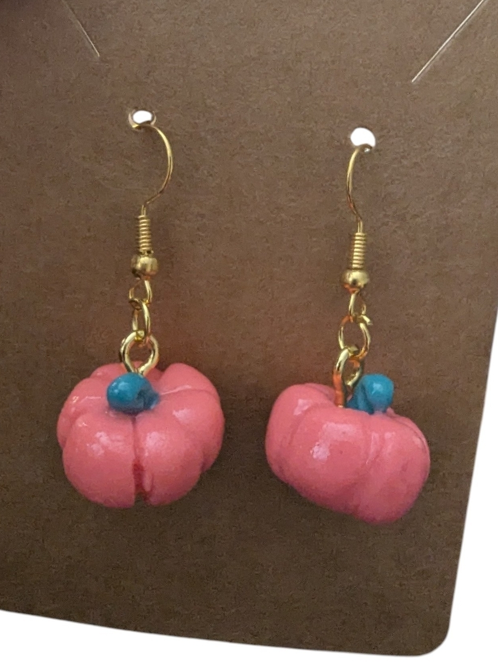Handmade Pink Pumpkin Drop Earrings with Turquoise Accent - Women Jewelry